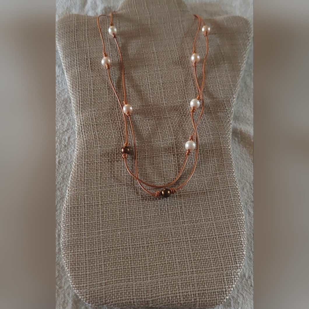 Handmade White, Lt. Pink & Brown Peacock Pearl And Bronze Leather Necklace